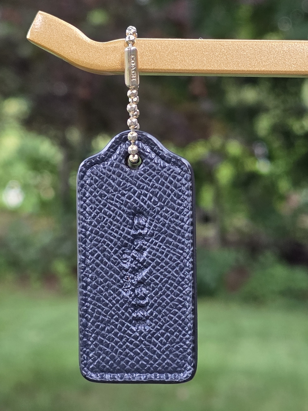 Coach Black Textured Leather Hangtag with Gold & Silver Ball Chain